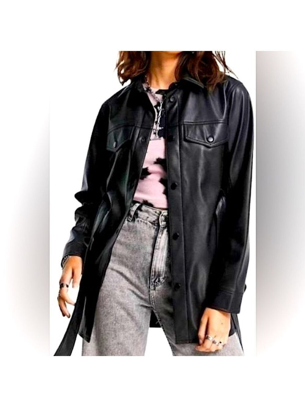 Rebecca Minkoff Faux Leather Black Belted Shirt Jacket XL New